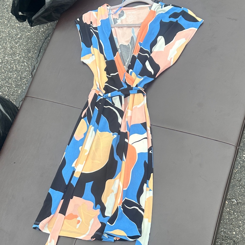 Nine West Abstract Wrap Dress in Blue, Black & Peach